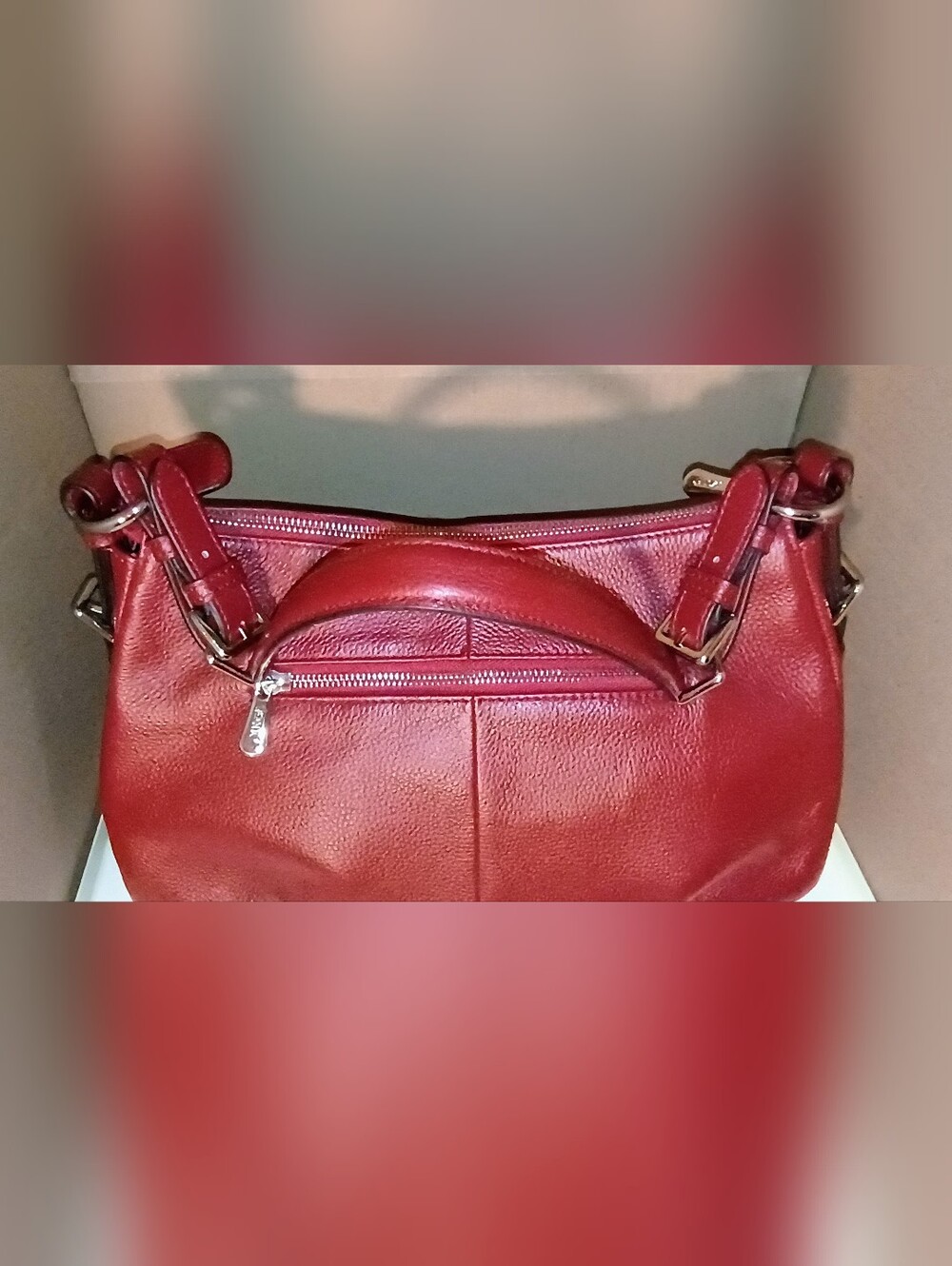 Structured Red Leather Shoulder Bag with Zip Pockets